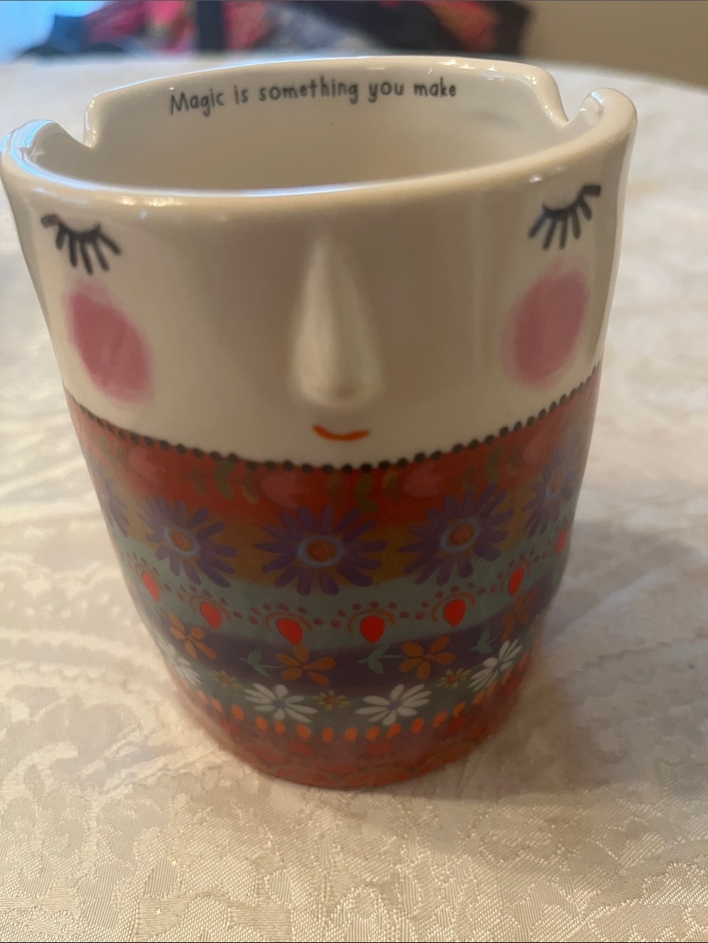 NATURAL LIFE Floral Face Ceramic Painter’s Cup White, Pink, Purple, Orange EUC
